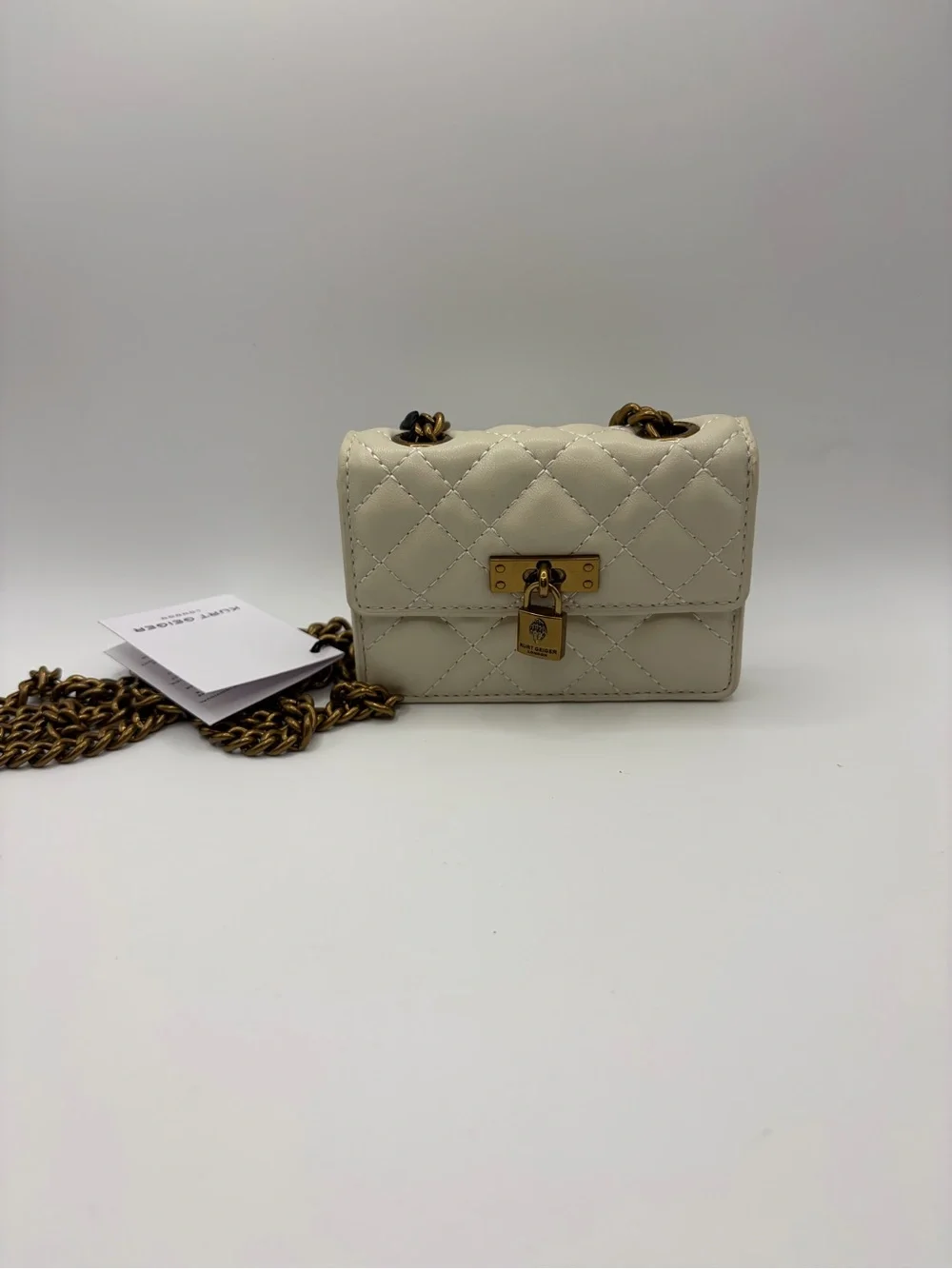 Kurt Geiger Cream Quilted Micro  Crossbody with Gold Chain